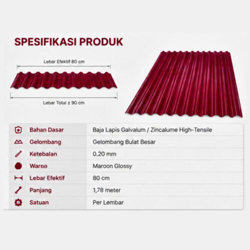 Atap Seng Gelombang Warna Maroon Glossy 80 x 178 Cm - Atap Pontianak
