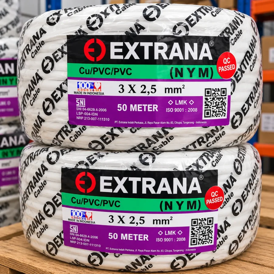 Kabel Extrana NYM 3 x 2,5 mm² 50 meter rol putih dengan label hijau dan ungu bertanda SNI di Toko Bangunan Pontianak