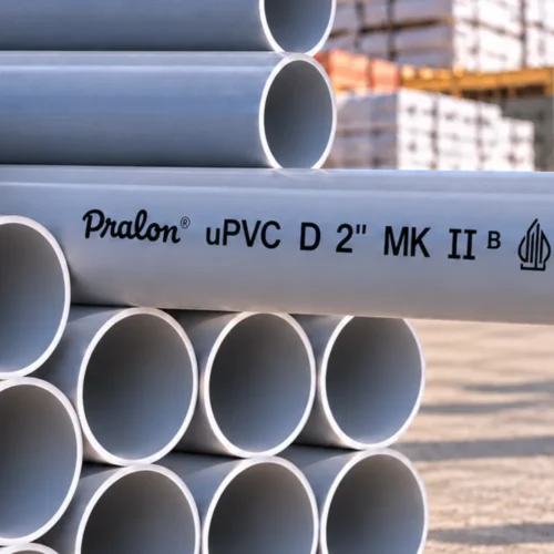 Pipa Pralon uPVC diameter 2 Inch standar MK II tersusun di gudang Toko Bangunan Sinar Karya Pontianak