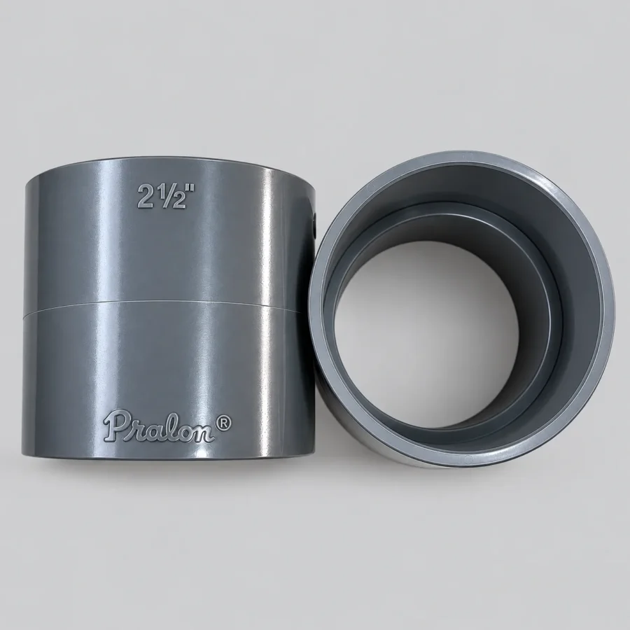 Socket PVC Pralon 2 1/2 inch DV warna abu-abu, tampak depan dan dalam